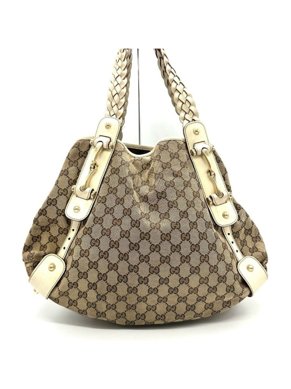 Gucci GG Canvas Tote Shoulder Bag Leather Beige